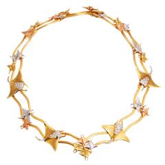 Diamond Three Color Gold Manta Ray Necklace 9