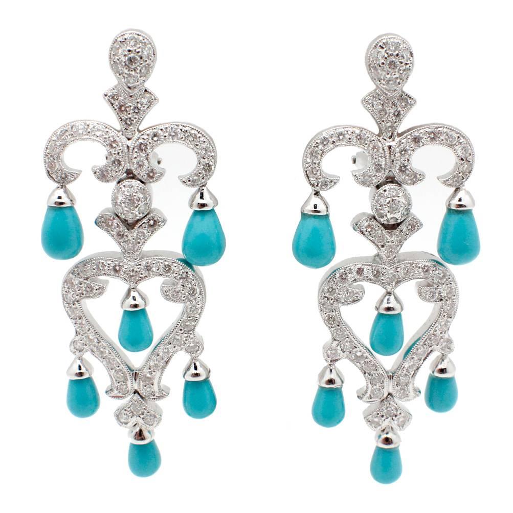 Persian Turquoise Diamond Gold Chandelier Dangle Earrings For Sale