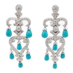 Persian Turquoise Diamond Gold Chandelier Dangle Earrings
