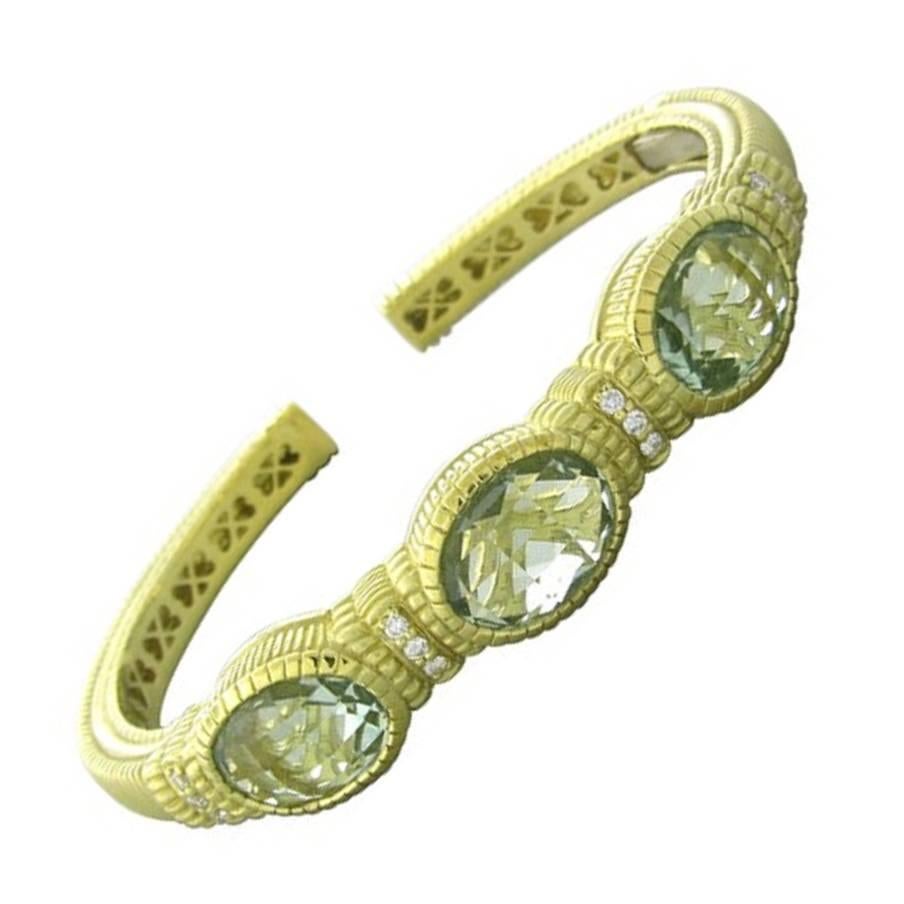 Judith Ripka Classic Green Amethyst Diamond Gold Cuff Bracelet For Sale