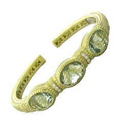 Judith Ripka Classic Green Amethyst Diamond Gold Cuff Bracelet