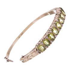 Victorian “English Carved” Peridot Diamond Gold Bangle Bracelet