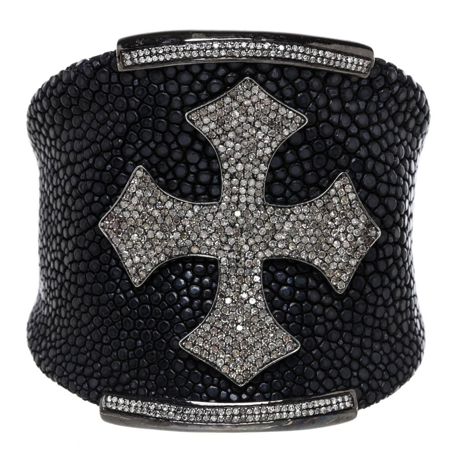 Julia Post Black Stingray and Diamond Cross Cuff Bracelet For Sale