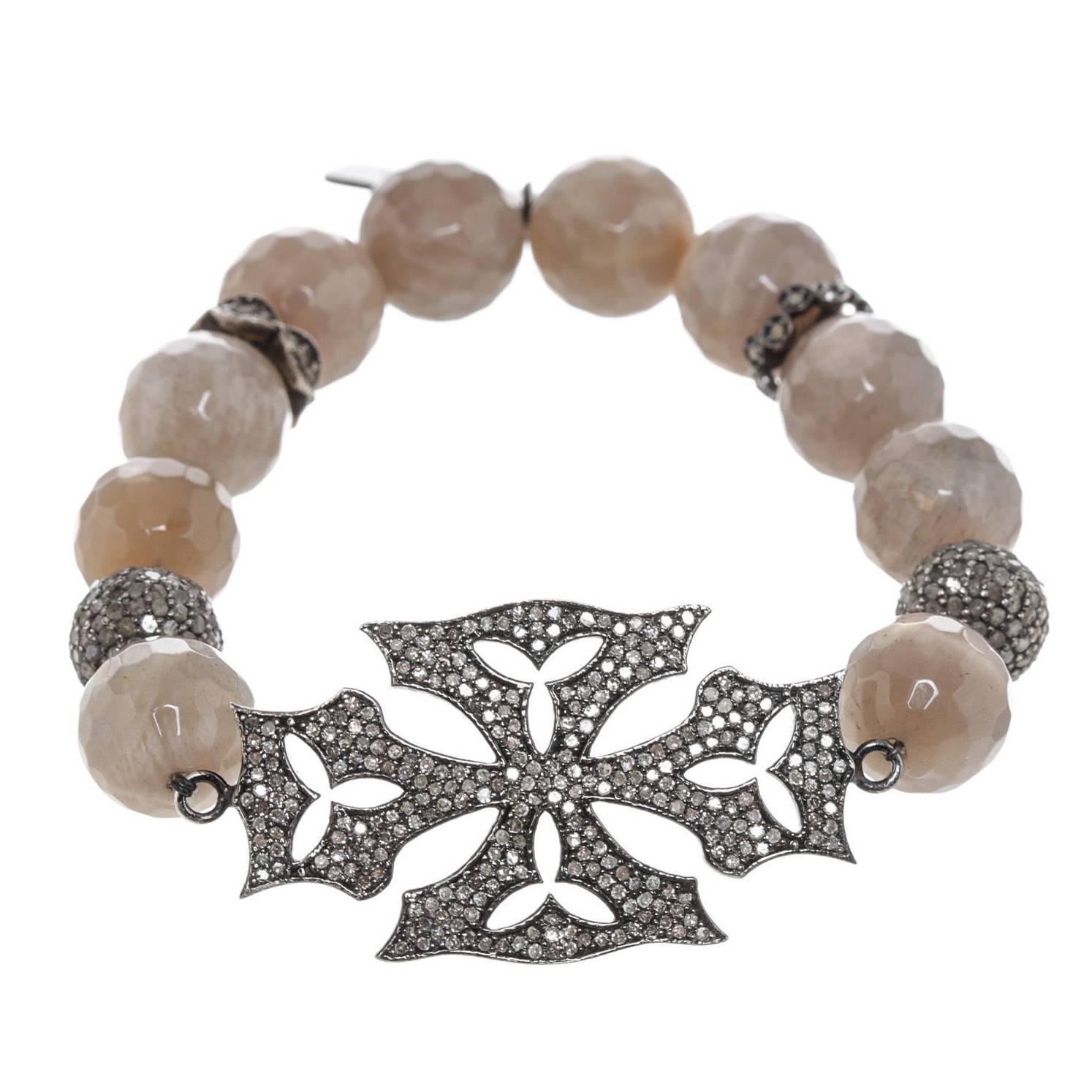 Julia Post Agate Diamond Silver Cross Bracelet For Sale