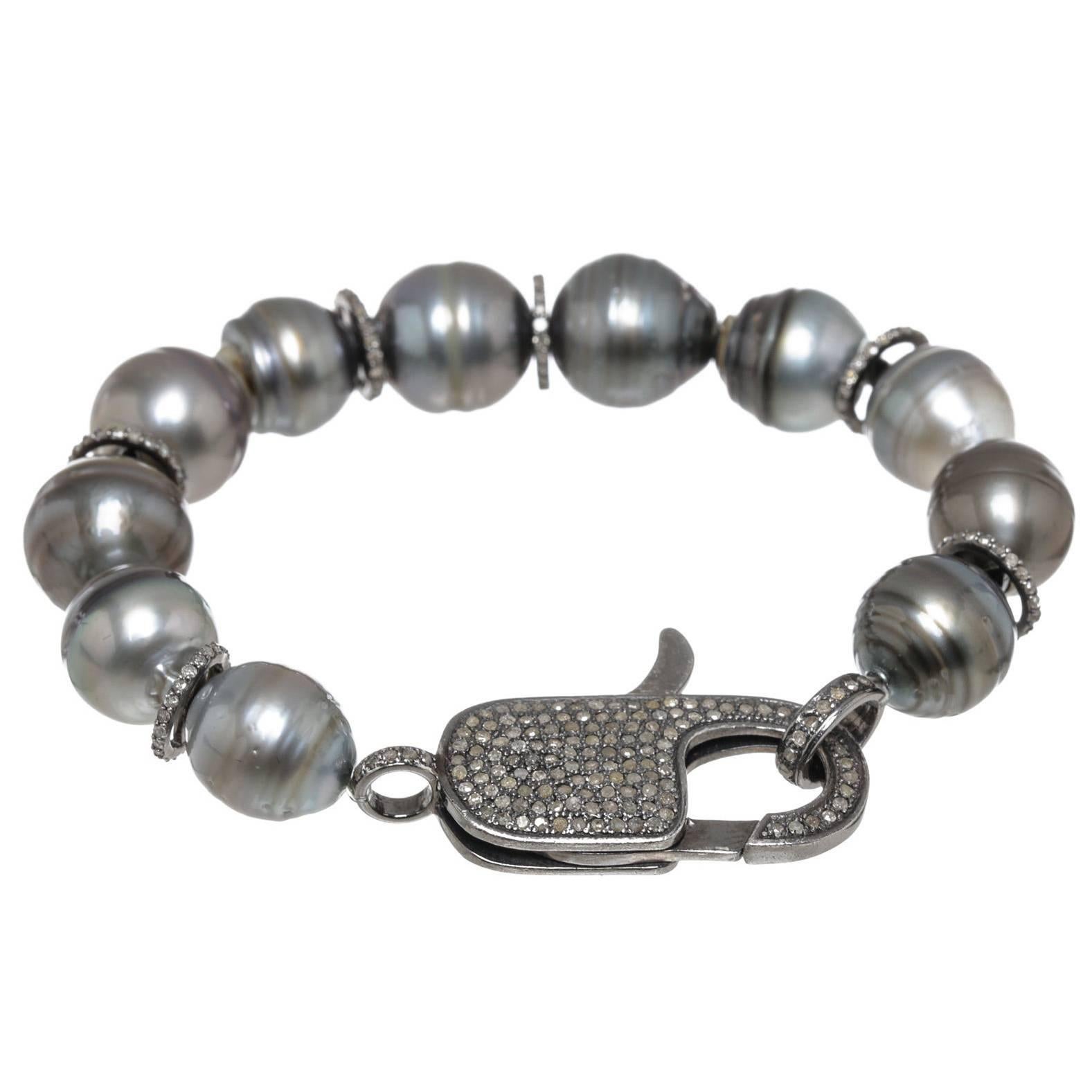 Julia Post Tahitian Gray Pearls and Diamond Bracelet For Sale