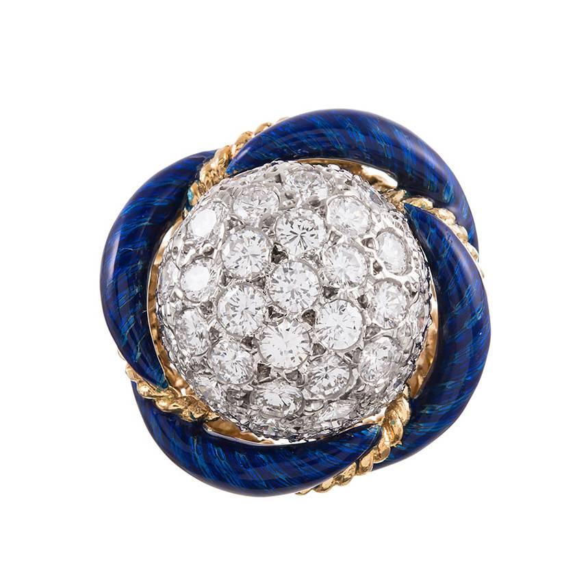 Blauer Emaille-Diamant-Gold-Kuppelring aus den 1960er Jahren im Angebot