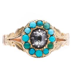 Hand Engraved Georgian Turquoise Diamond Gold Ring