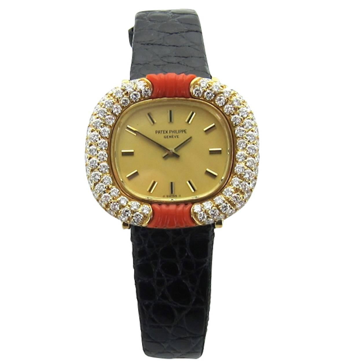 1970's Patek Philippe Yellow Gold Coral and Diamond Strap Watch Ref. 4287/1
