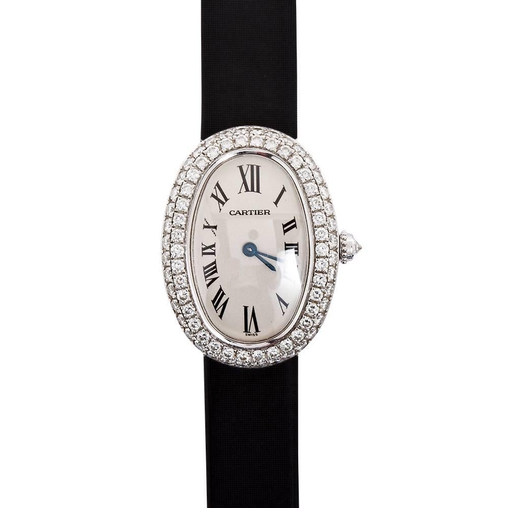 CARTIER Baignoire Ladies  White Gold Satin Band Wristwatch