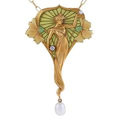 Luis Masriera Art Nouveau Enamel Pearl Diamond Gold Pendant