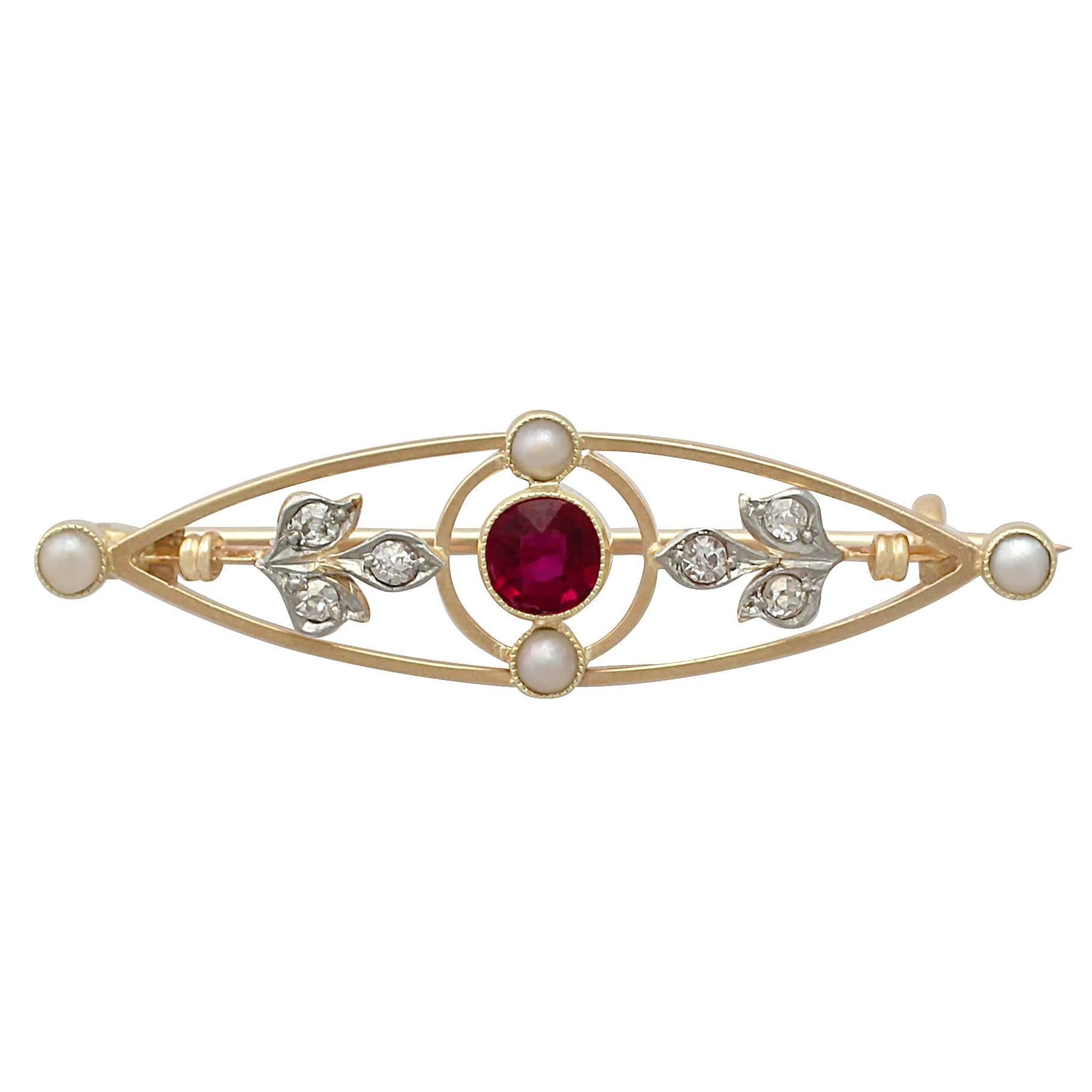 Pearl, 0.34 ct Ruby and 0.18 ct Diamond and 9k Yellow Gold Brooch