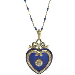 Blue Enamel Pearl Gold Heart Locket 7