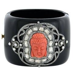 Coral Buddha Pearl Diamond Bakelite Bangle Bracelet