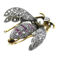 Antique Art Deco Pearl Ruby Diamond Gold Platinum Wasp Brooch