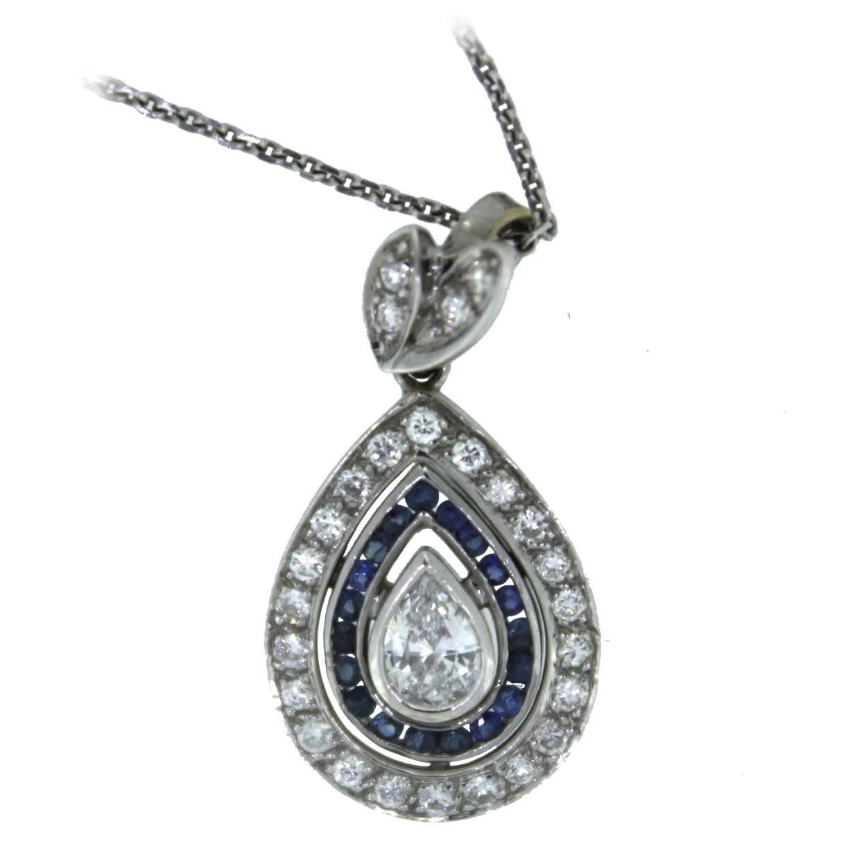 Blue Sapphire Diamond White Gold Pear Shape Drop Pendant Necklace For Sale