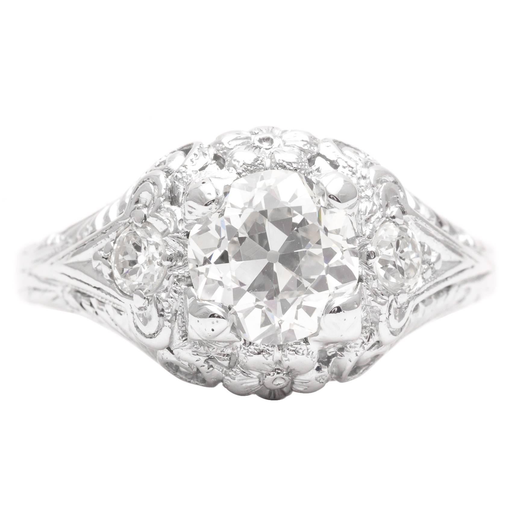 Art Deco 1.10 Carat Diamond Platinum Floral Engagement Ring For Sale