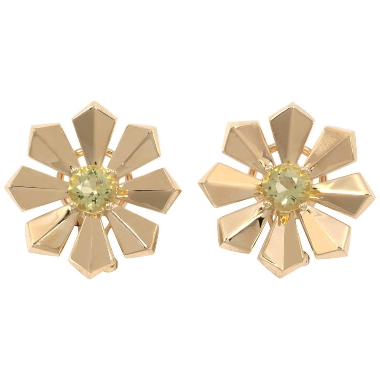 Art Deco Lemon Citrine Gold Flower Earrings 