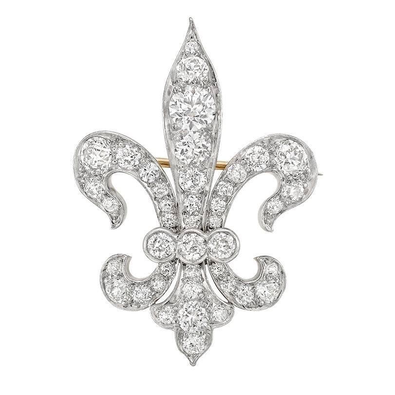 Tiffany & Co. Late Victorian Diamond Gold Platinum Fleur-de-Lis Pendant Brooch