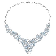 Aquamarine Diamond Gold Flower Necklace