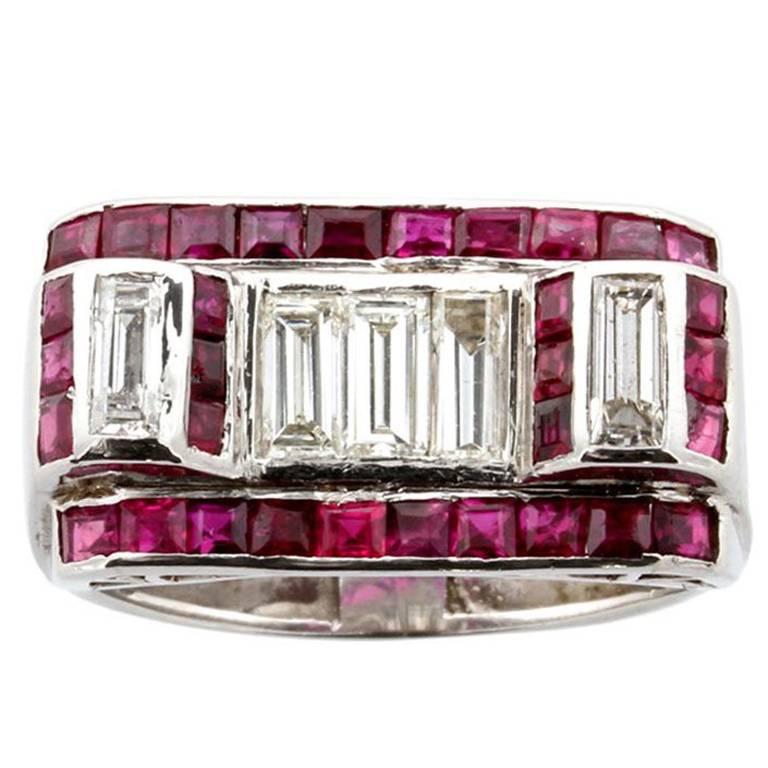 Art Deco Ruby Diamond Platinum Cocktail Ring For Sale