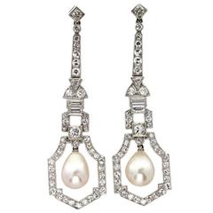 Art Deco Natural Pearl Diamond Platinum Drop Earrings 6