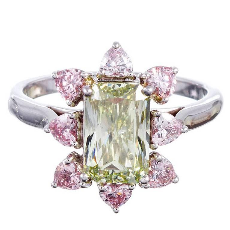 Fancy Colored Green Diamond Cluster Ring