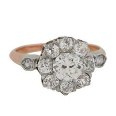 Antique French Edwardian 1.90 Carats Diamonds Mixed Metals Cluster Ring 