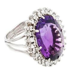 1950s Oval Amethyst Diamond Halo Handmade Wire Platinum Ring 2