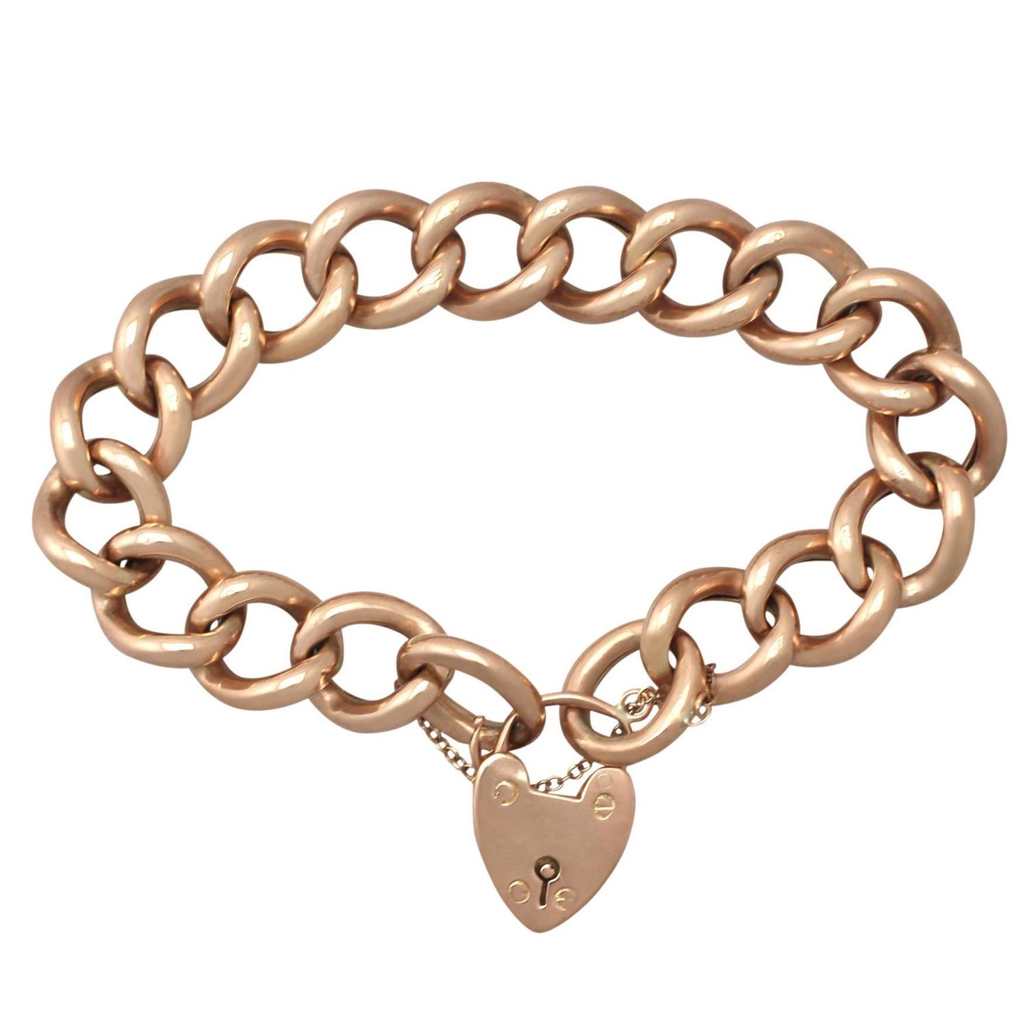 9k Rose Gold Bracelet with Heart Padlock Clasp - Antique Circa 1915 For Sale at 1stdibs