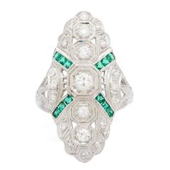 Art Deco North South Emerald Diamond Platinum Ring