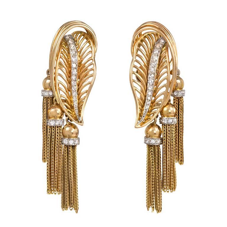 French Retro Diamond Gold Tassel Earrings