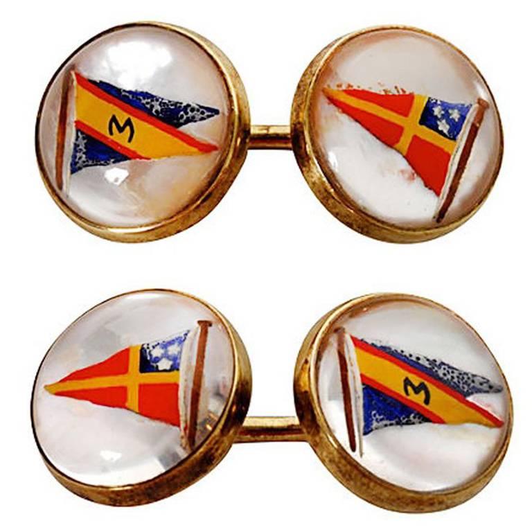 14 Karat Gold and Essex Crystal Nautical Flag Cufflinks