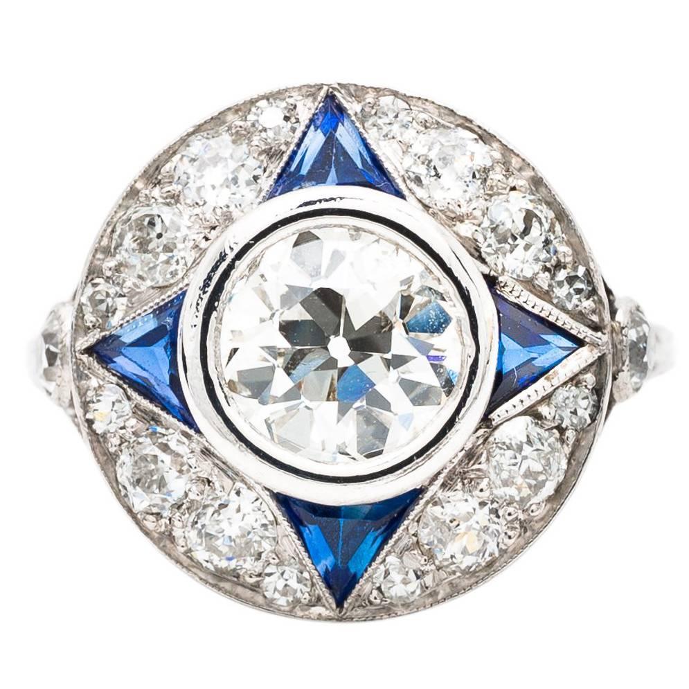 Art Deco 1.18 Carat Sapphire Diamond Platinum Ring  For Sale