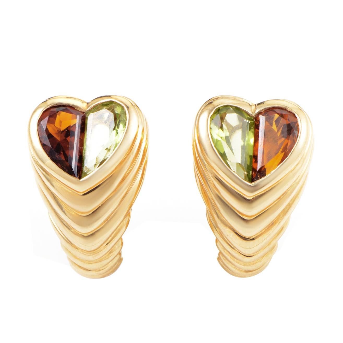 Bulgari Doppio Tondo Citrine Peridot Gold Heart Earrings