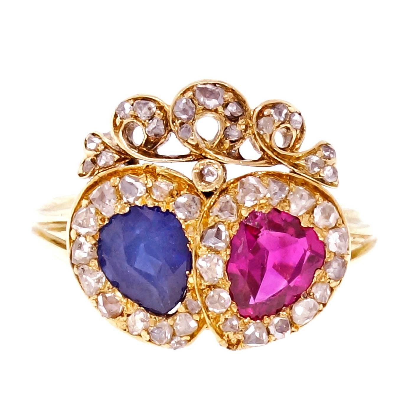 GIA 1.45 Carat Pear Shaped Ruby Sapphire Diamond Gold Crown Engagement Ring