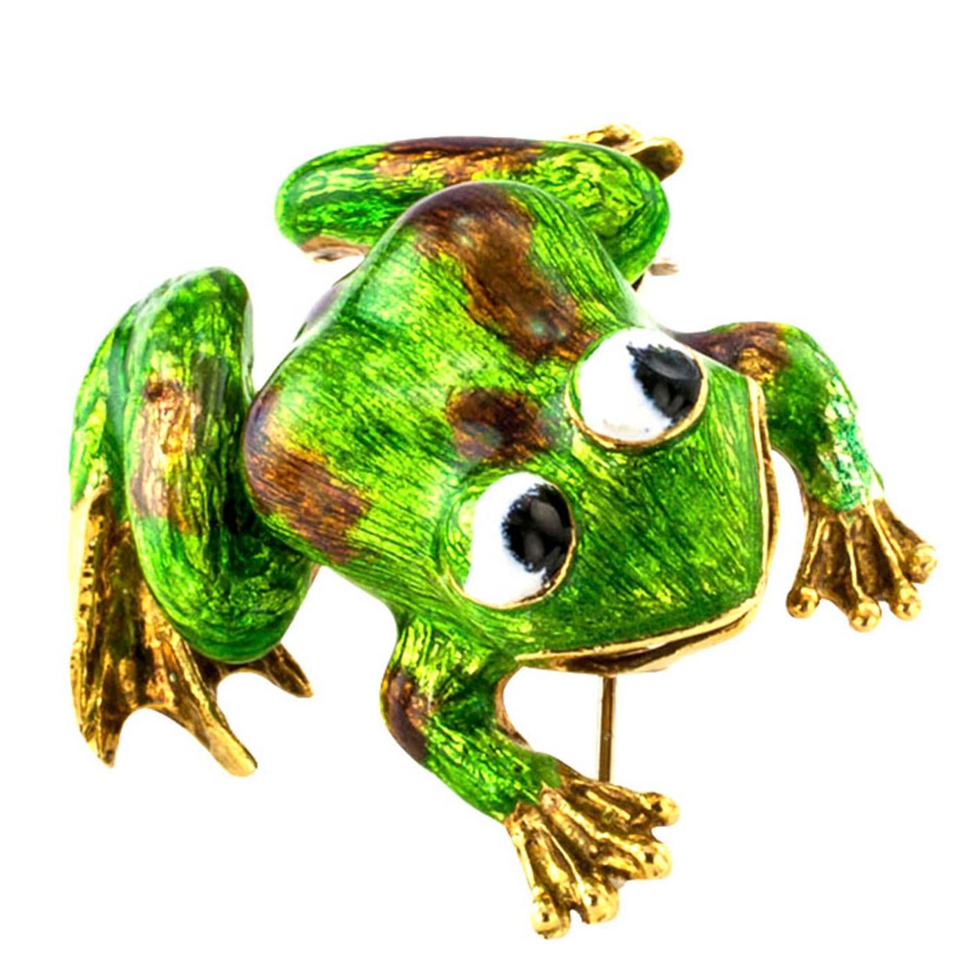 1960s Martine Green Enamel Gold Frog Brooch