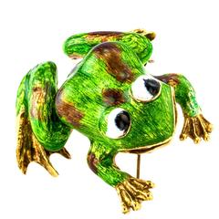 1960s Martine Green Enamel Gold Frog Brooch