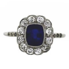 Antique Sapphire Old European Cut Diamonds Platinum Halo Ring 2
