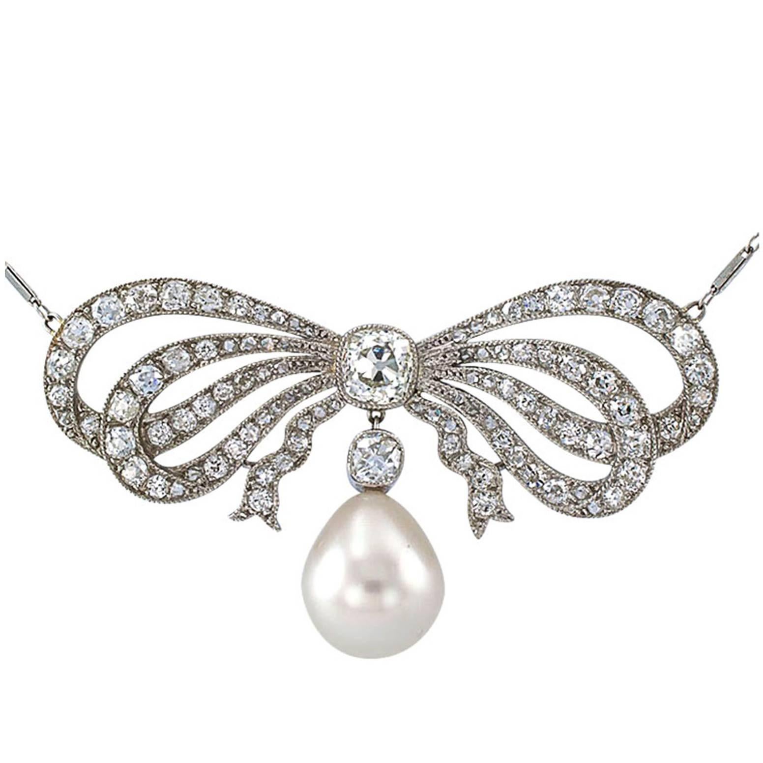 Edwardian South Sea Pearl Diamond Gold Bow Necklace