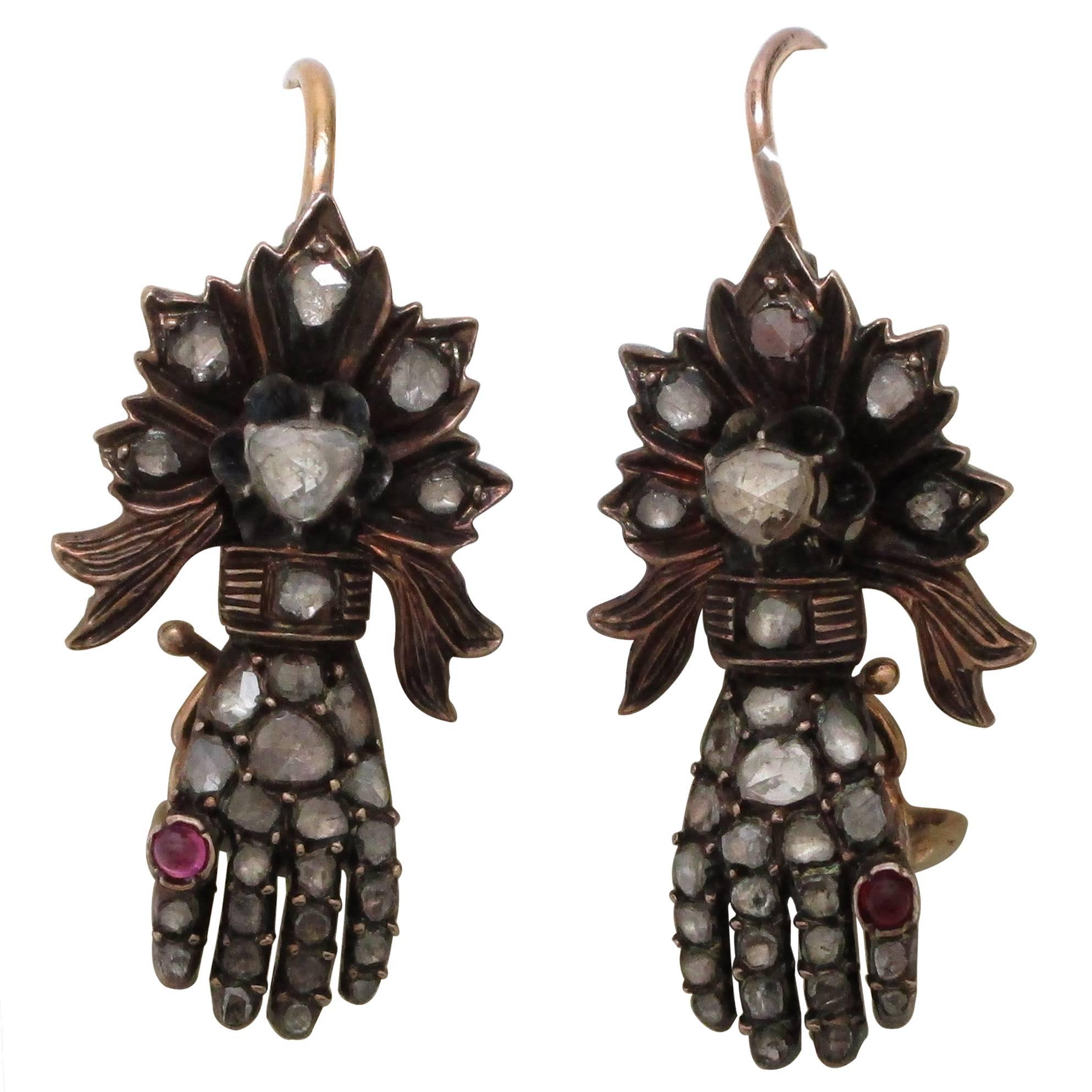 Ruby Diamond Gold All Original Gauntlet Rose Cut Hand Earrings