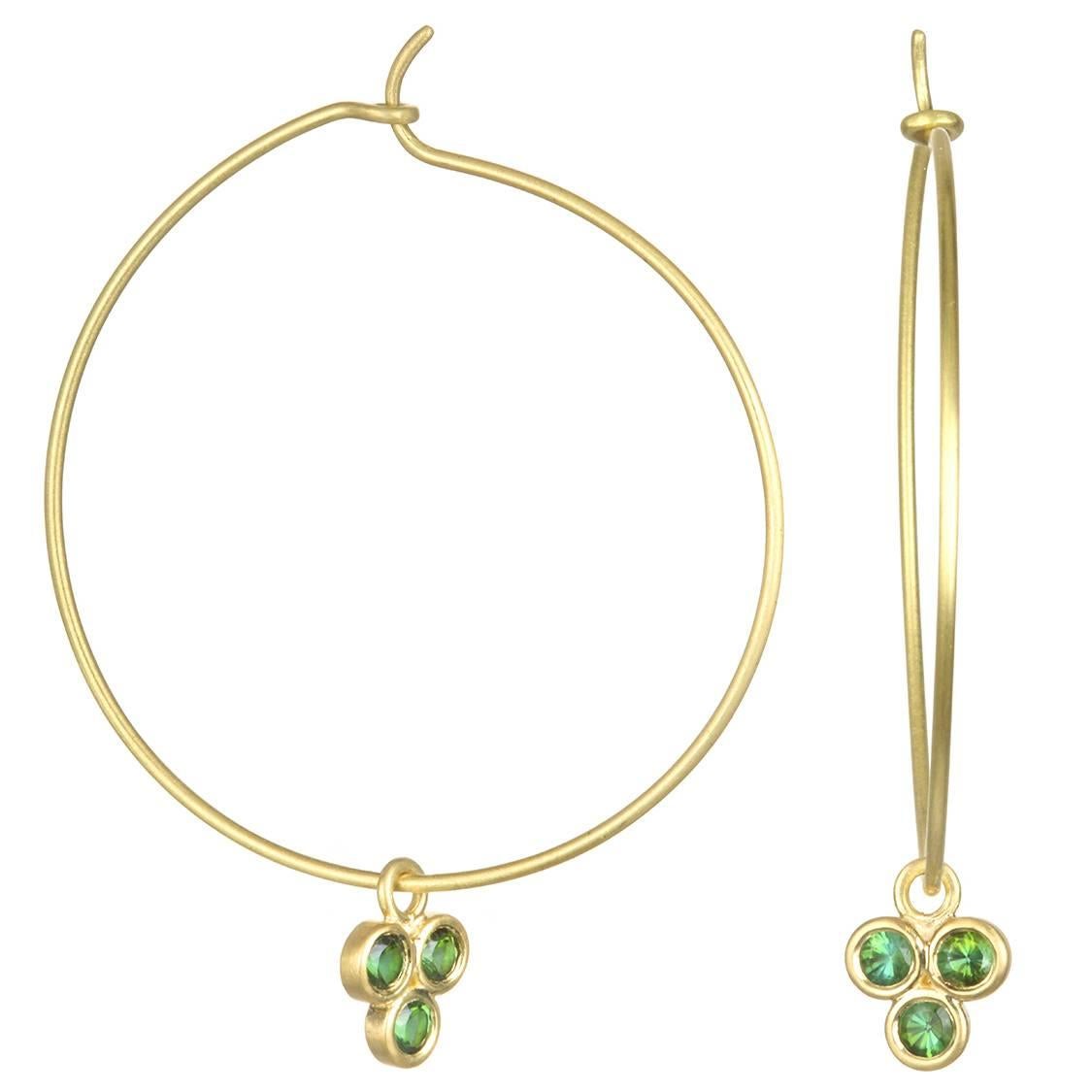 18 Karat Gold Triple Green Tourmaline Drops on Gold Wire Hoop Earrings