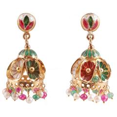 Enamel Pearl Gold Dangle Earrings