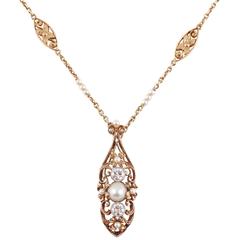 Natural Saltwater Pearl Diamond Gold Necklace
