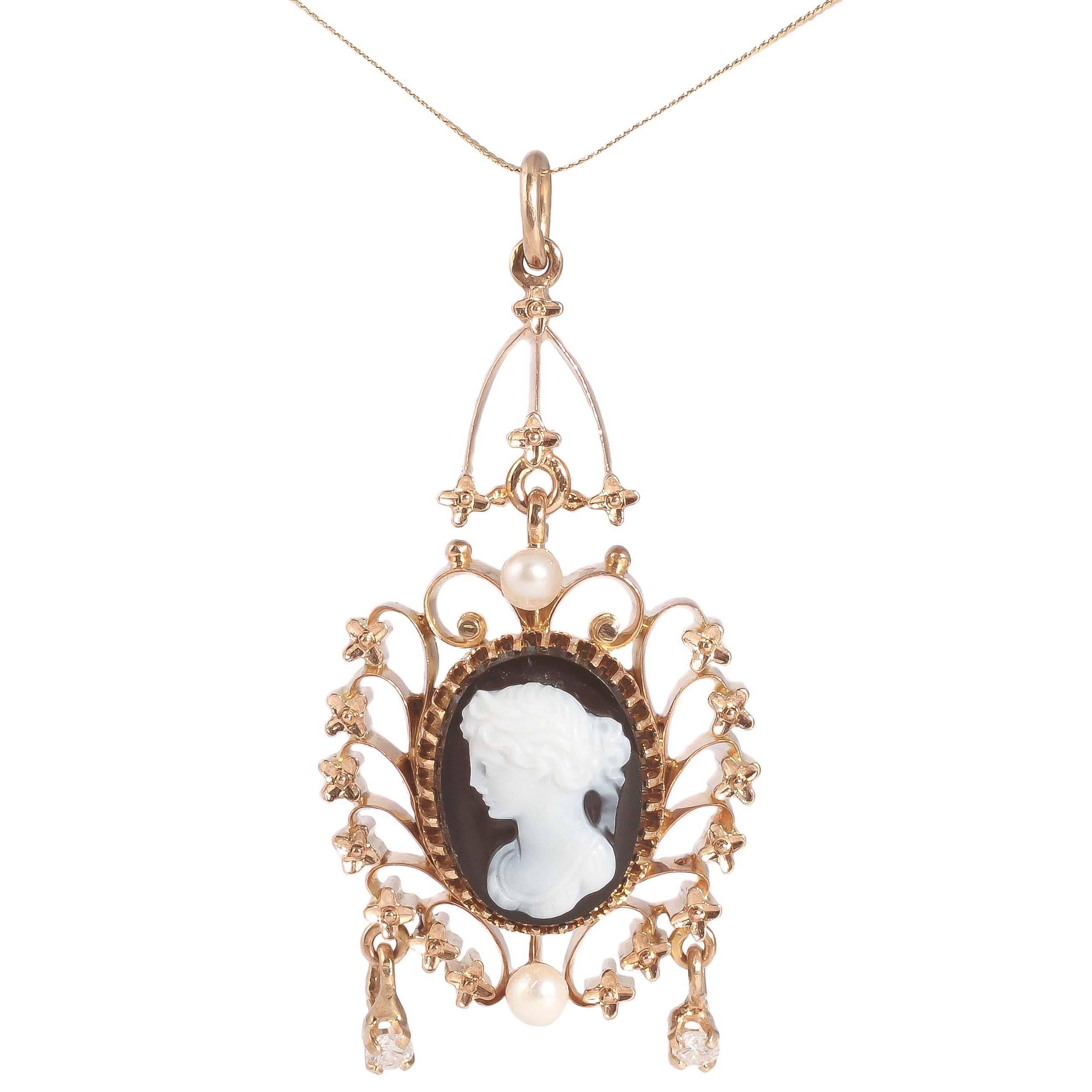 Pearl Onyx Diamond Cameo Two Color Gold Pendant