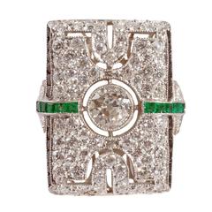 Antique Onyx Emerald Diamond Platinum Ring