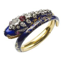 Antique Blue Enamel Garnet Ruby Diamond Gold Snake Bangle Bracelet 11