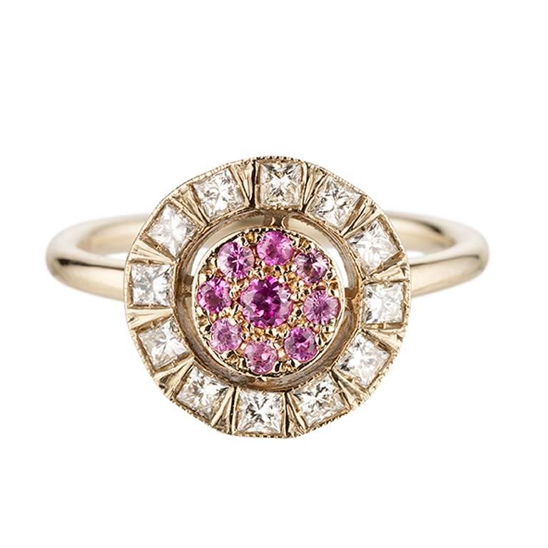 Sabine Getty Pink Sapphire White Diamond Harlequin Halo Ring For Sale