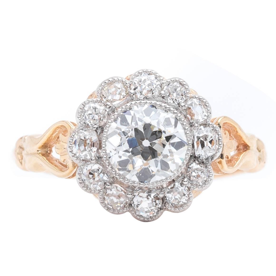 Edwardian 1.12 Carat Old European Cut Diamond Gold Platinum Engagement Ring