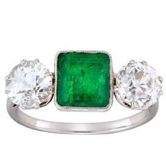 Edwardian Emerald Cut Emerald Diamond Three Stone Platinum Ring 10