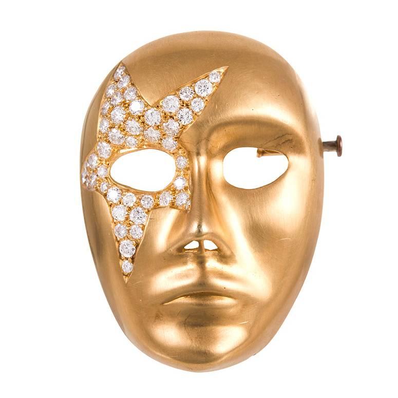 Diamond Gold Drama Mask Brooch
